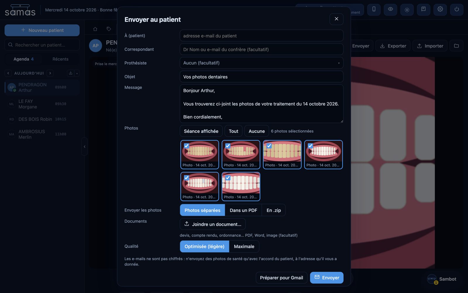Capture de Samas : Envoyer en quelques clics (patient fictif)